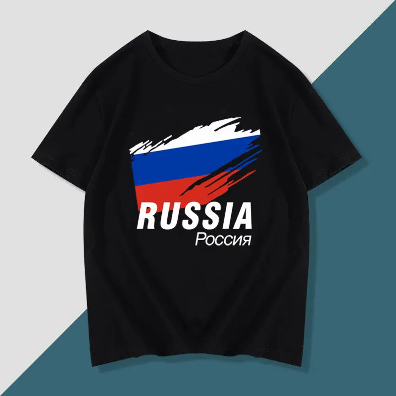 

Мужская футболка с коротким рукавом, круглым вырезом и принтом флага России