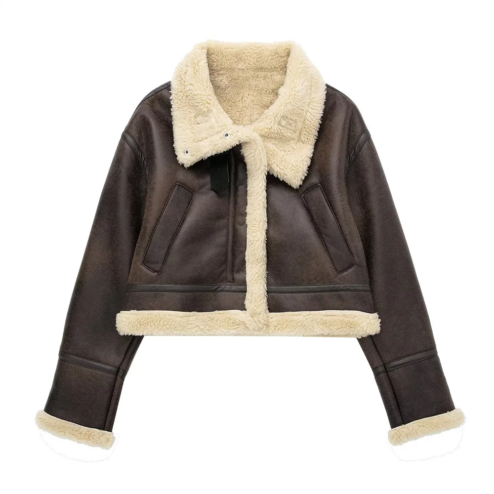 

2022 New Fashion Faux Shearling Sheepskin Leather Outwear Hip Hop Women Winter Thick Warm Suede Lamb Jacket Short Brown Coats