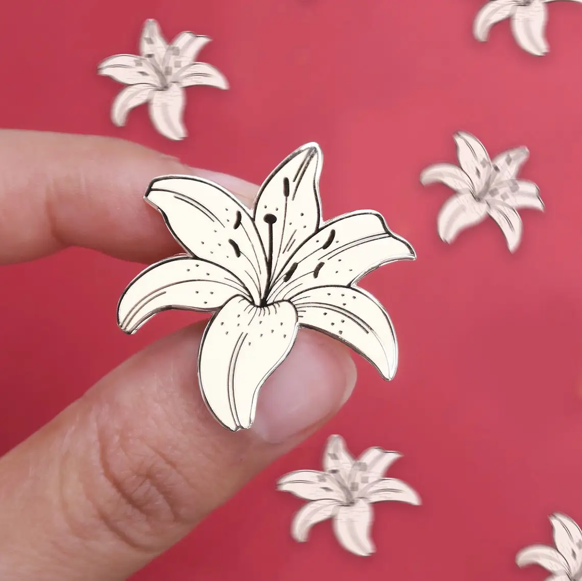 

White Lily Enamel Pin Needle Minder, Plant , Botanical , Flower Lapel