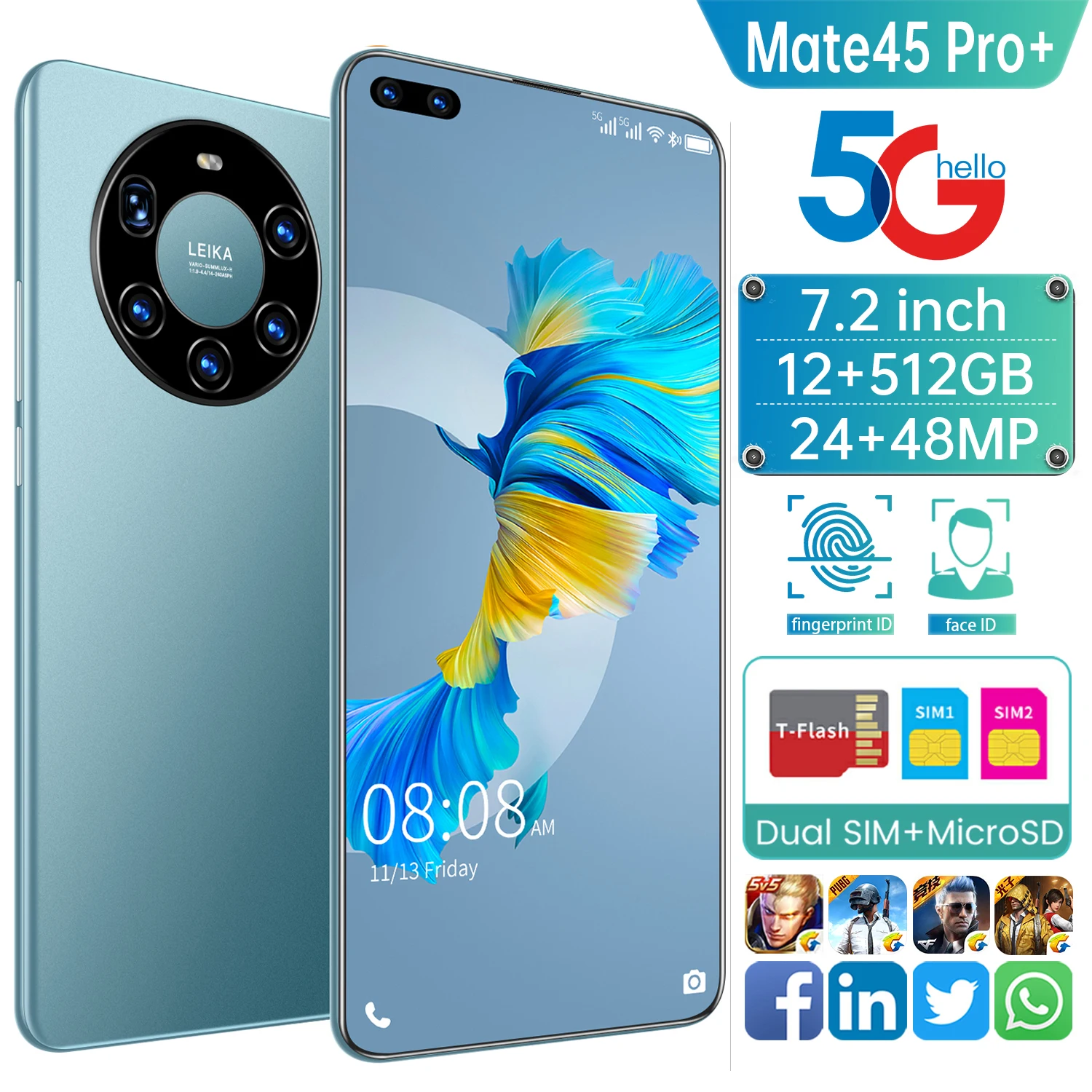 global version 7 2 inch screen 5g smartphone with 12gb512gb large memory for huawei mate 45 pro cellphone samsung mobile phone free global shipping