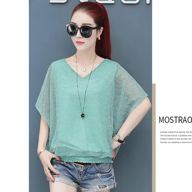

Elegant V-Neck Spliced Lace Shirring Hollow Out Batwing Sleeve Blouse Women's Clothing 2023 Summer New Casual Tops Sweet Shirt