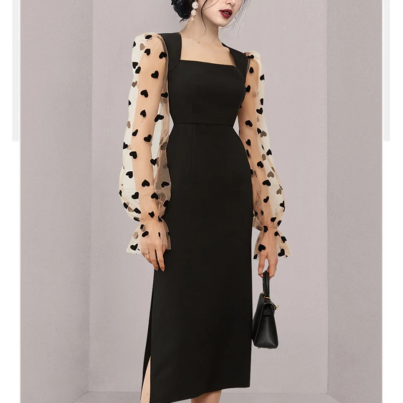 

French Retro Style Homecoming Dresses 2022 Spring New Fashion Tulle Stitching Long Sleeves Square Collar Tea-Length Party Gowns