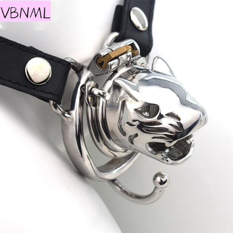 VBNML Leather Pants Wear Stainless Steel Tiger Head Carving Craft Chastity Lock Male Chastity Lock Device BDSM Sex Toys