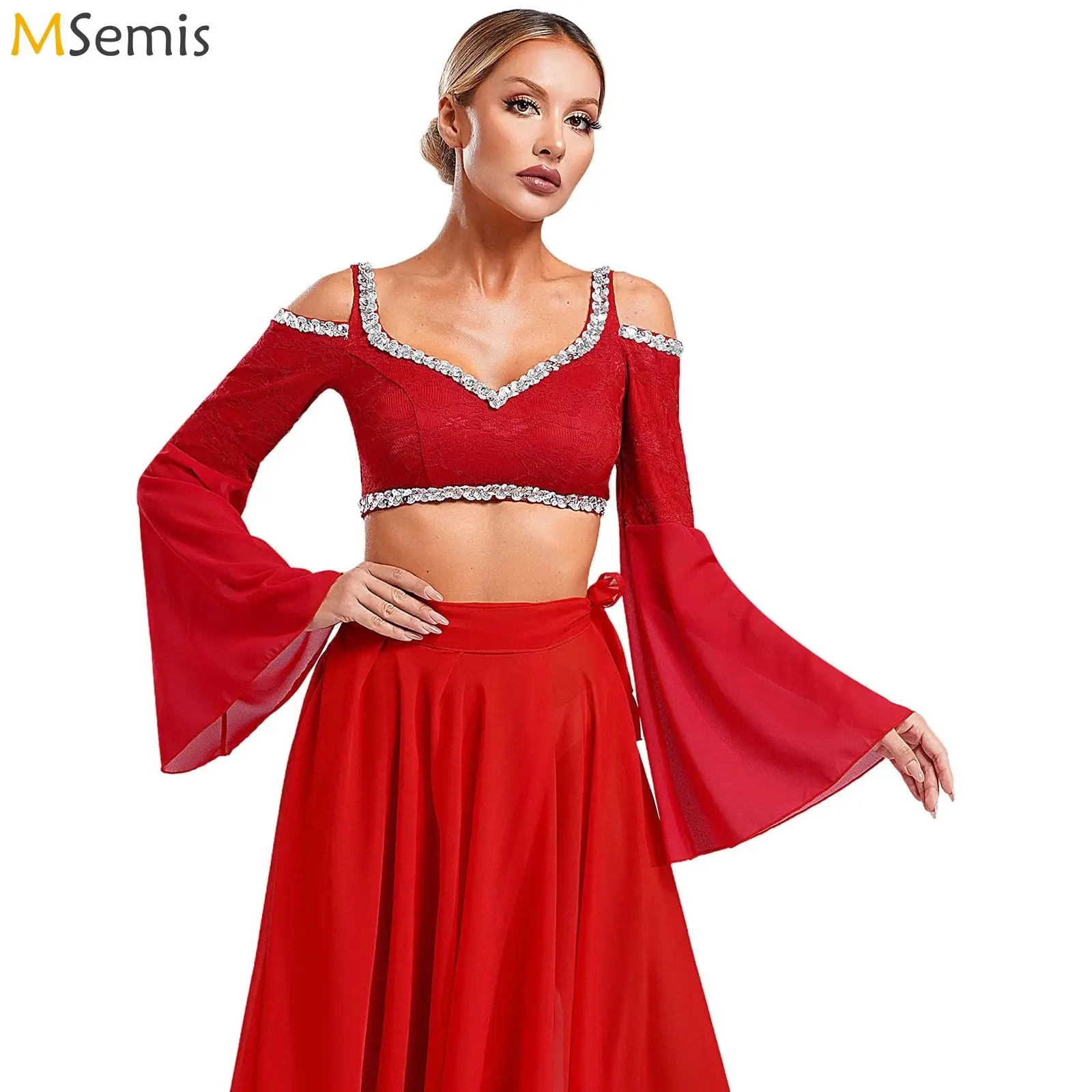 Женский костюм для танца живота короткий топ с расклешенными рукавами кружевной