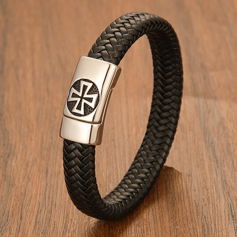 

Black Cross Pattern Stainless Steel Magnetic Buckle Genuine Leather Bracelet Men's Black Braided Leather Bangle Jewelry Gift