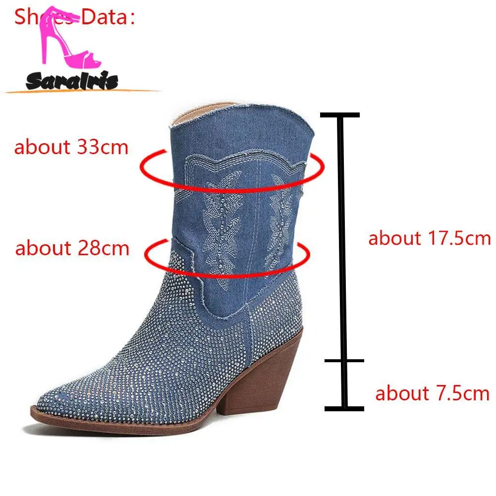 Cowboy Western Boots 2023 Autumn Winter Pointed Toe Patchwork Rhinestones Mid Calf Boots Comfy Walking Embroidery Ladies Boots