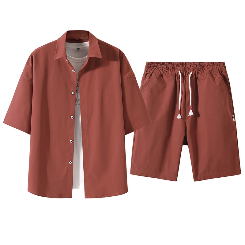 2023 Summer New Short Sleeve Shirt Set Harajuku Solid Color Shirt + Short Two-piece Casual Male Shirts Tracksuit Streetwear Suit
