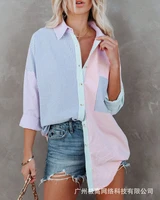 womens 2022 new summer cotton blend colorblock button up top shirts for women