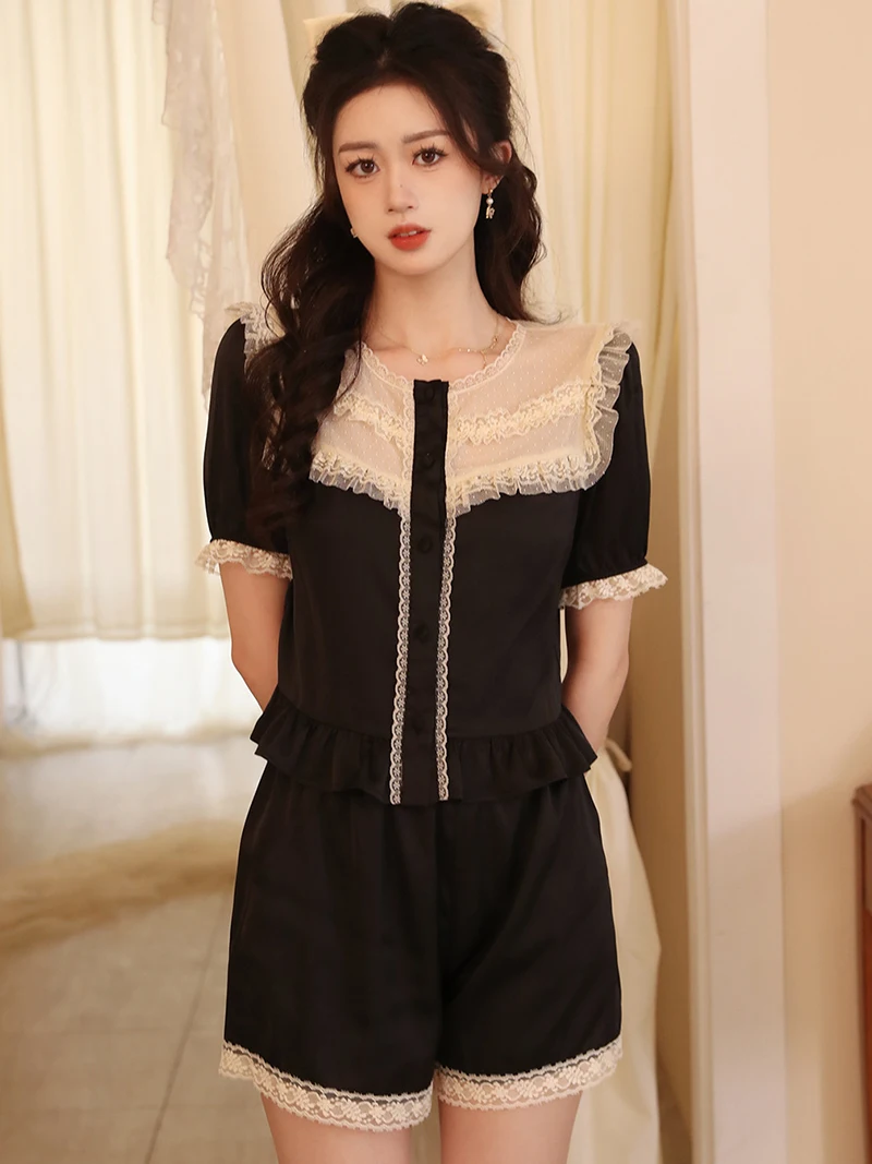 French Silk Pajamas Two Piece Suits Vintage Lace Ruffles Kawaii Shirt and Shorts Victorian Nightgowns Women Summer Sleepwear
