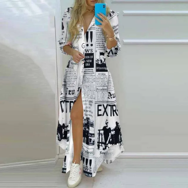 Boho Shirt Dresses Women Summer Turn-down Collar Single Breasted Button Irregular Long Female Sexy Letter Print Maxi New Party 2