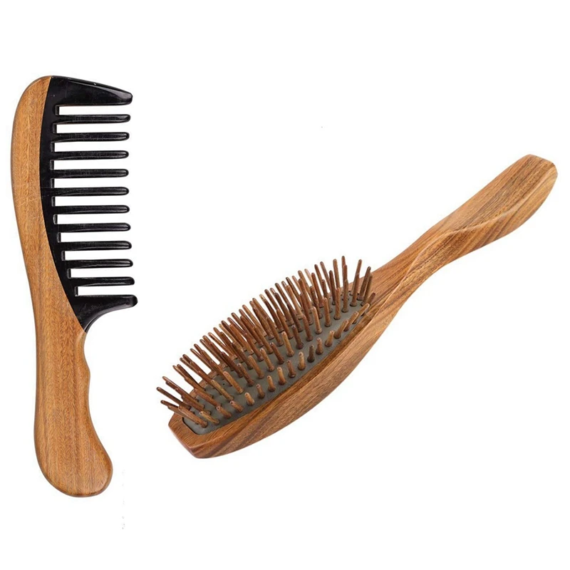 

2 Pcs Green Sandalwood Hair Comb No Static Detangling Natural Aroma Comb 18.5Cmx5.5Cm & 19.5X5X1.4Cm