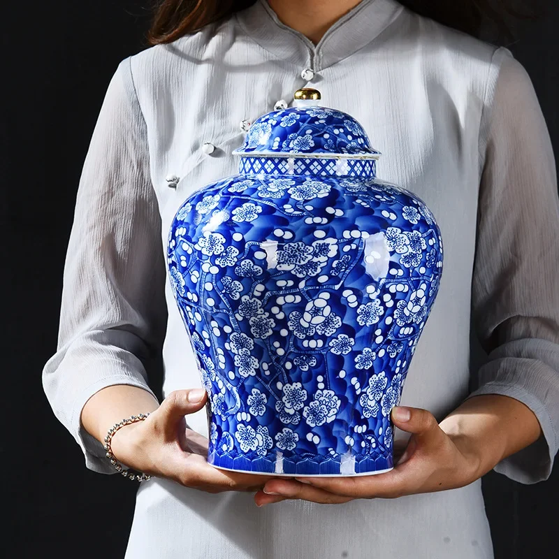 

Blue and White Porcelain General Jar Ceramic Tea Pot Sealed Storage Tank Plum Ginger Jar Handicraft Ornaments Home Decoration