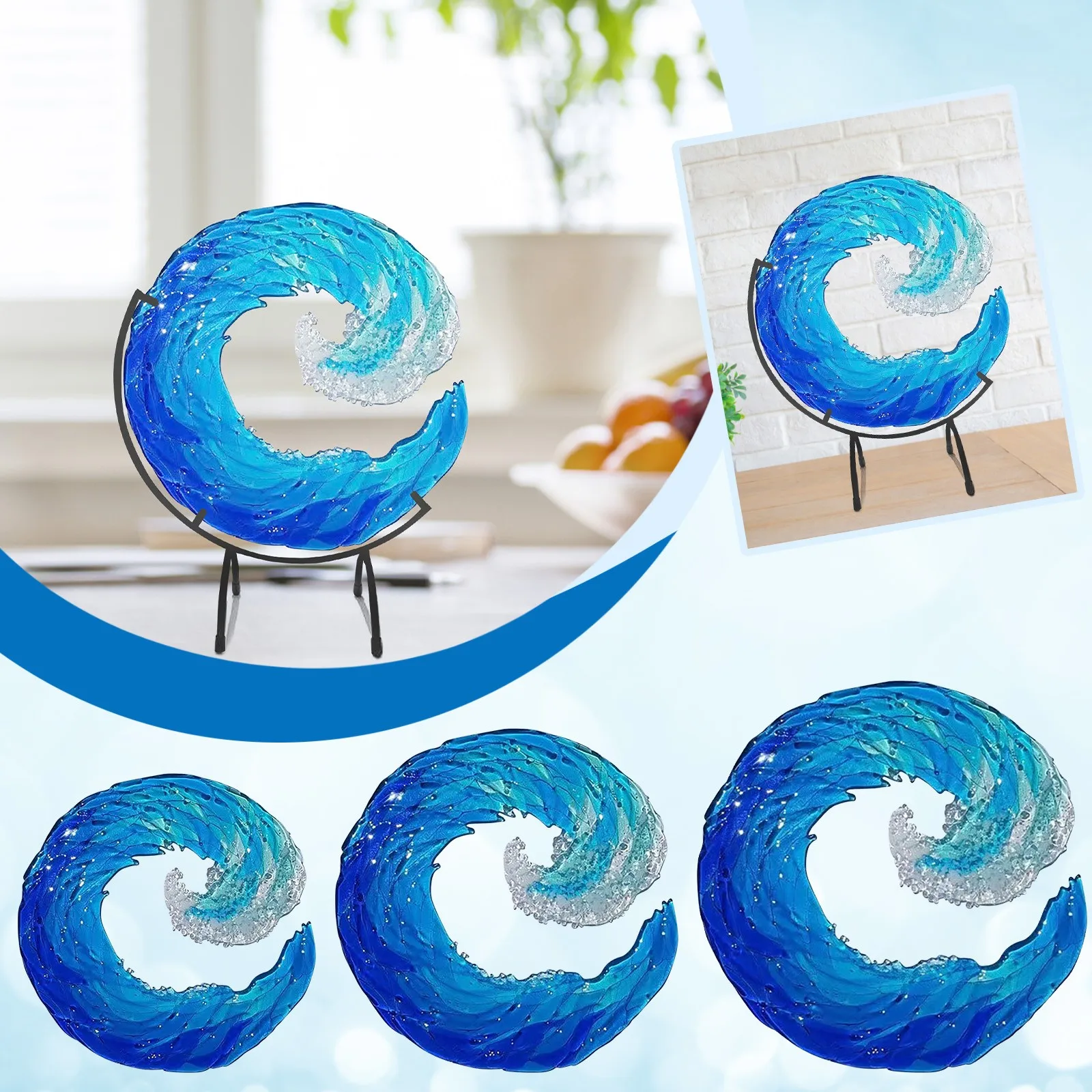 

Ocean Wave Fused Glass Sculpture Gradient Blue Wave Sculpture Ornament Decoration Waves Art Crafts Vases Flower Pot Gift Decor