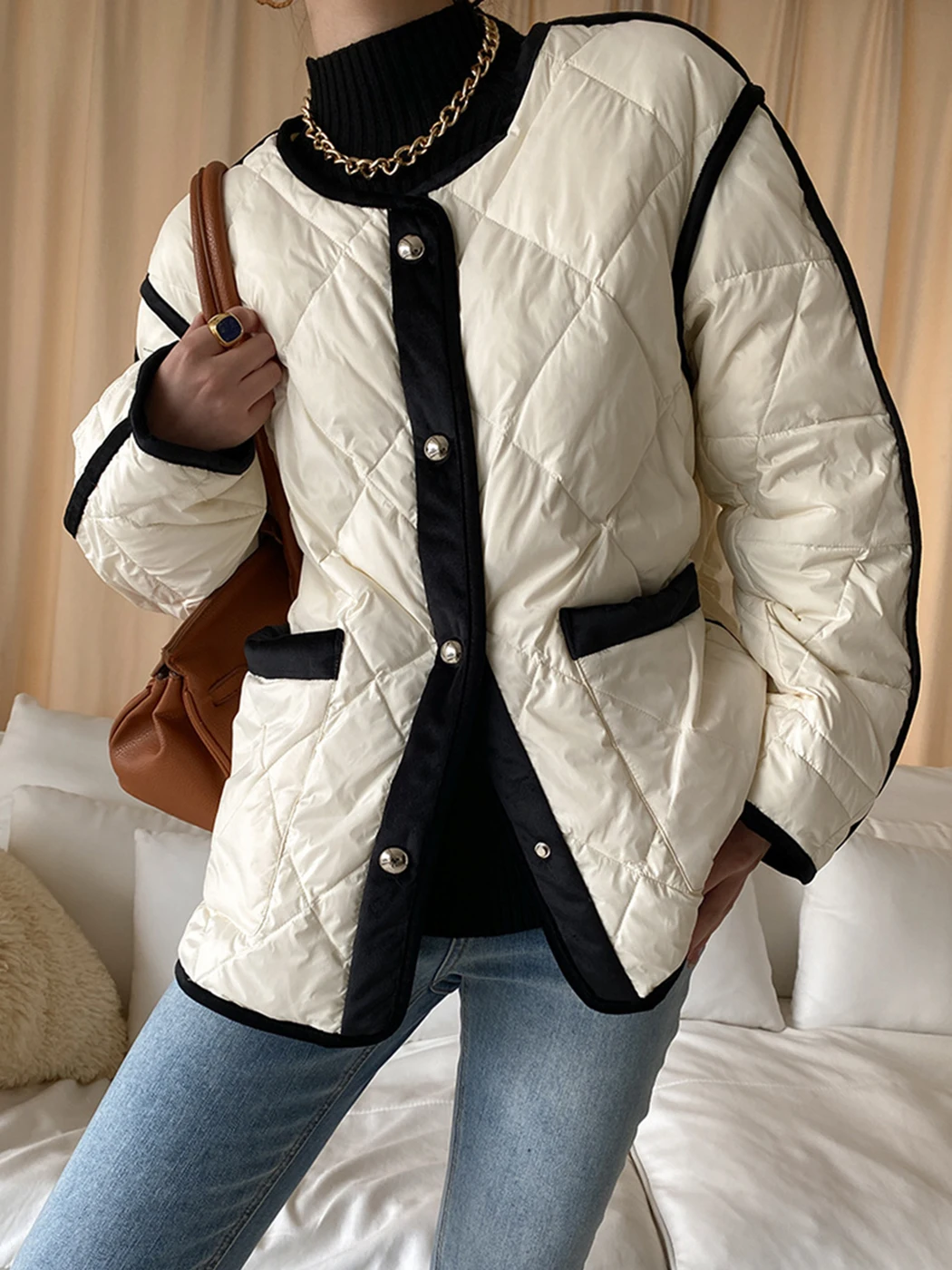 

Шикарные модные зимние осенние куртки 2022, новое однотонное повседневное пальто составного кроя с круглым вырезом и карманами