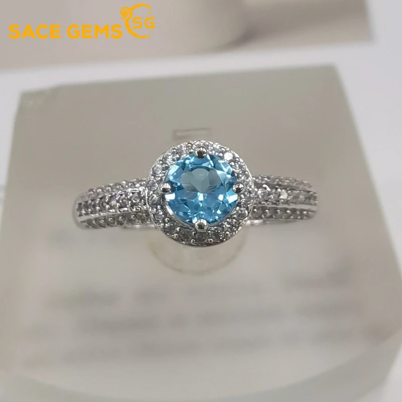 

SACE GEMS Resizable 925 Sterling Silver Sparkling Swiss Blue Topaz Created High Carbon Diamond Wedding Rings Party Fine Jewelry