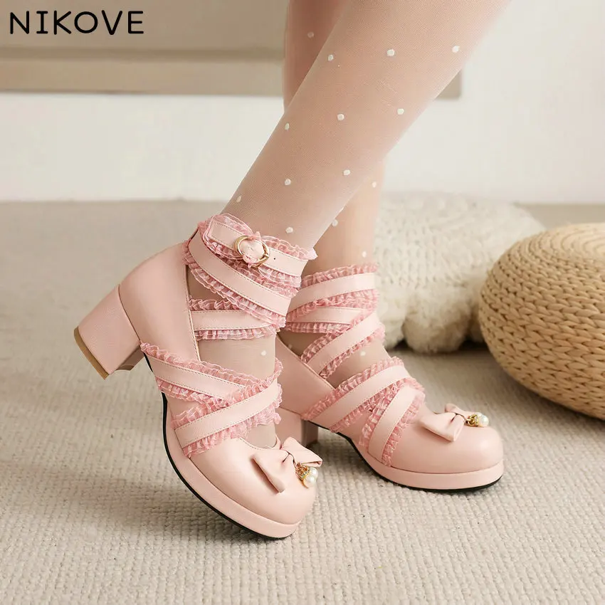 

NIKOVE 2022 Round Toe Women Lolita Pumps PU Leather Shallow Ladies Shoes Ankle Strap Spring Summer Square Med Heels Size 34-43