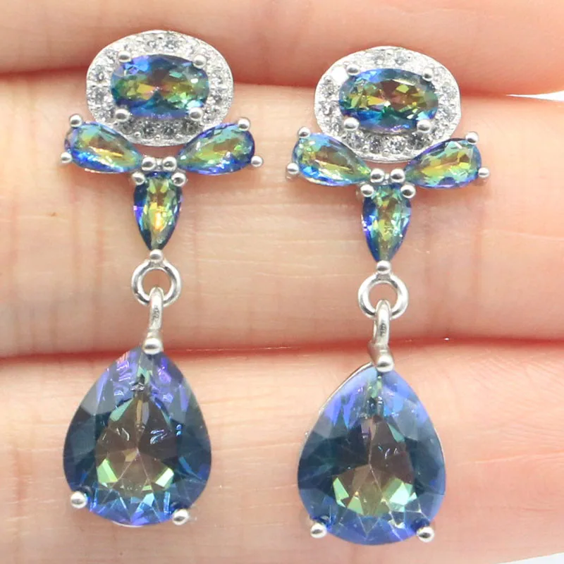 

29x12mm Minimalist style Fire Rainbow Violet London Blue Topaz White CZ Wedding Bride 925 Solid Sterling Silver Earrings