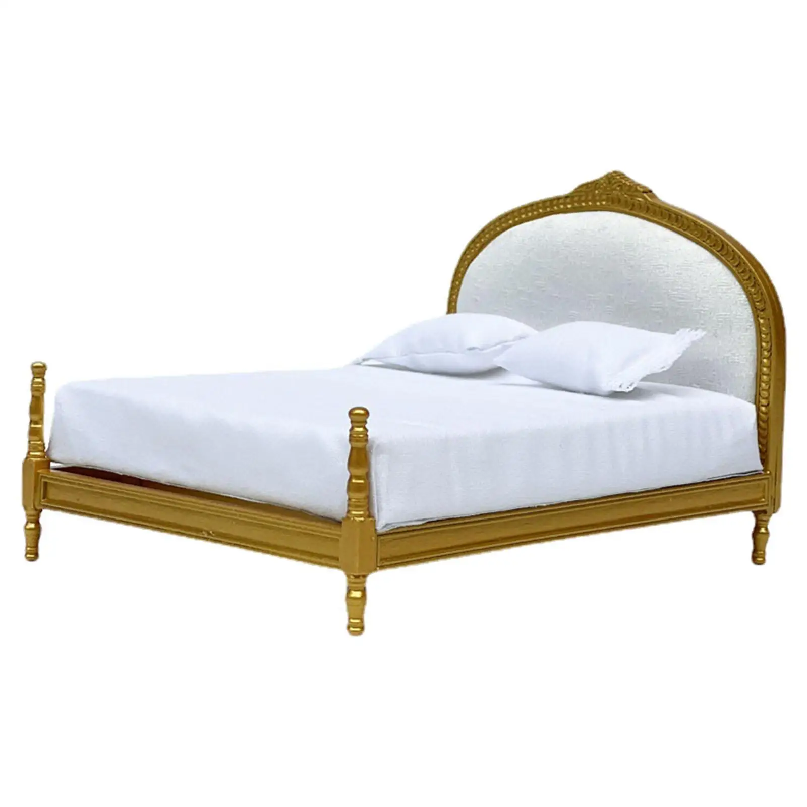 

1/12 Miniature Bed Pretend Toy Mini Simulation Decoration Golden Double Bed for Kids Gifts