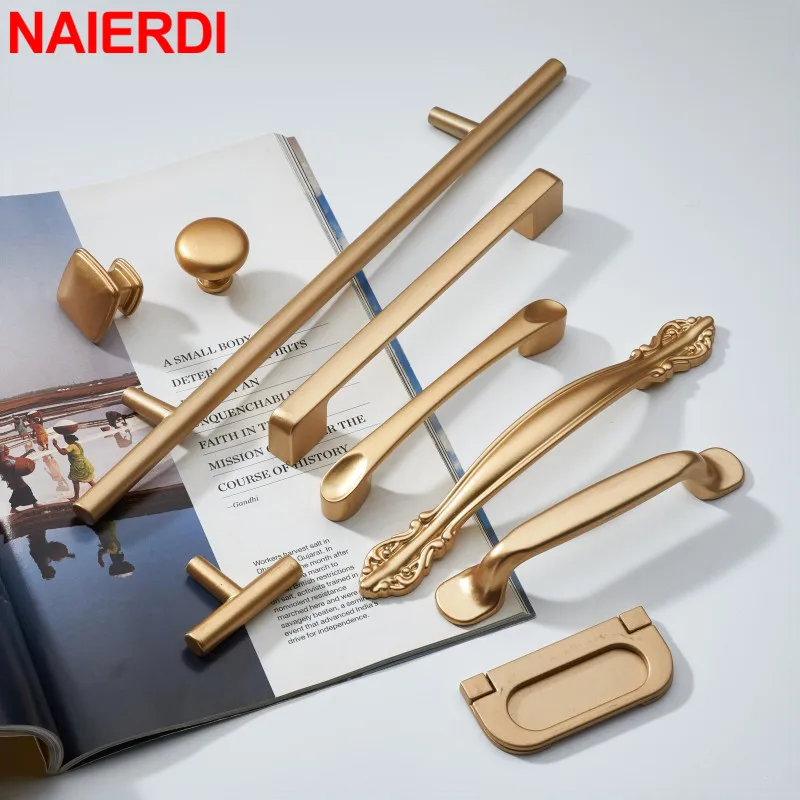 

NAIERDI Solid Aluminum Alloy Furniture Handle Matte Gold Cabinet Handles Kitchen Cupboard Pulls Drawer Knobs Furniture Hardware