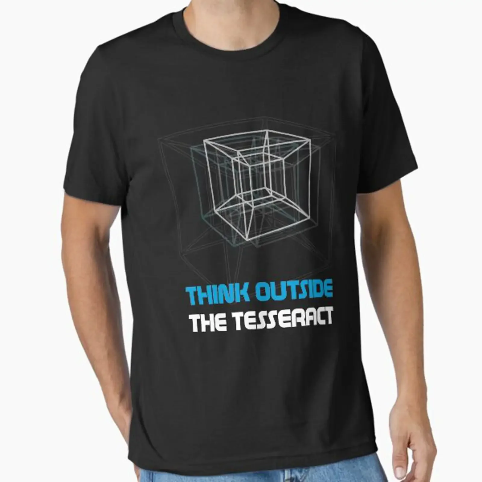 Фото Футболка Think Outside The Tesseract Essential, винтажная, с эффектом потертости, эластичная, удобная, с принтом, унисекс, дизайнерская одежда, повседневная. №1