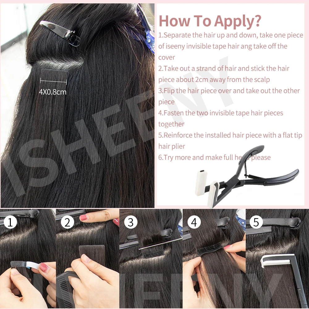 Isheeny 12" 16" 20" PU Skin Weft Tape Hair Extensions 10pcs Invisible Tape In Hair Extensions Straight Machine Remy Human Hair images - 6