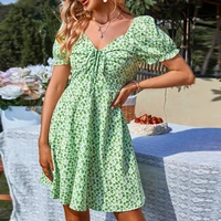 green v neck puff short sleeve boho dress summer floral print casual beach dress ladies slim lace up ruffled pleated mini dress