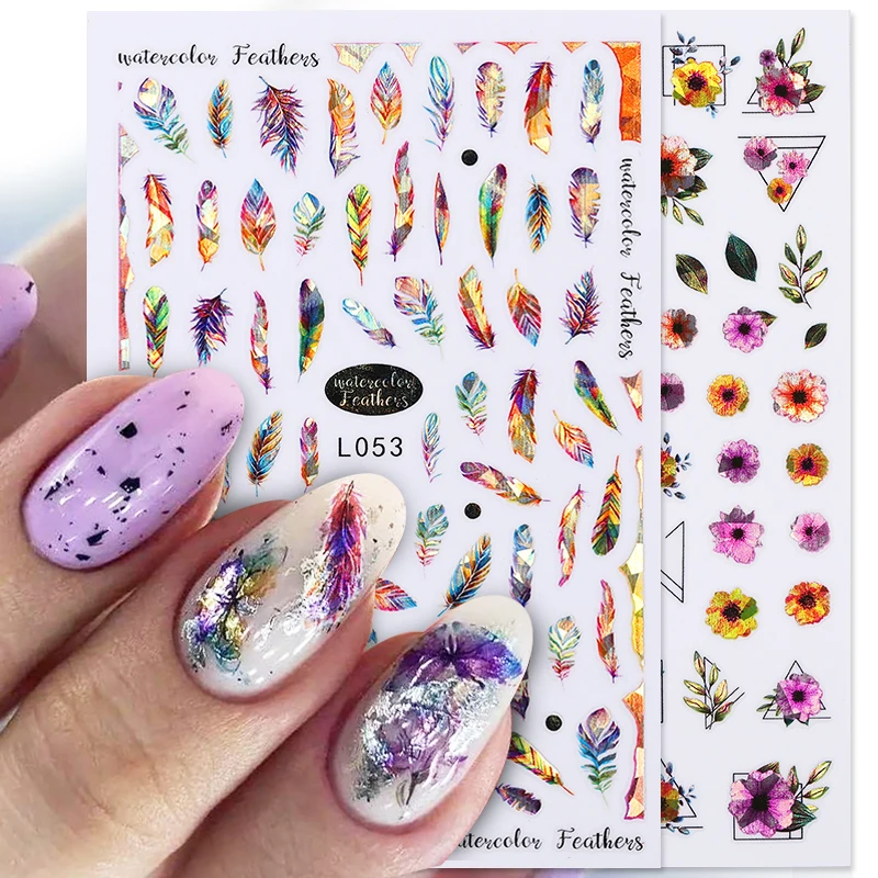 Colorful Gold Feathers 3D Nail Stickers Holographic Laser Leaf Flower Spring Summer Slider for Nails Manicures Decor | Красота и