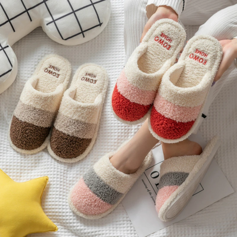 

Plus Size Patchwork Slippers Women Furry Ladies Indoor Warm Slipper Winter Soft Home Slippers