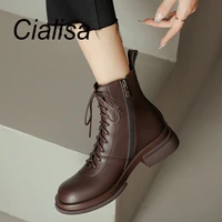 cialisa lace up martin boots autumn winter 2022 women ankle boots brown cow leather round toe zip mid heels handmade short boots