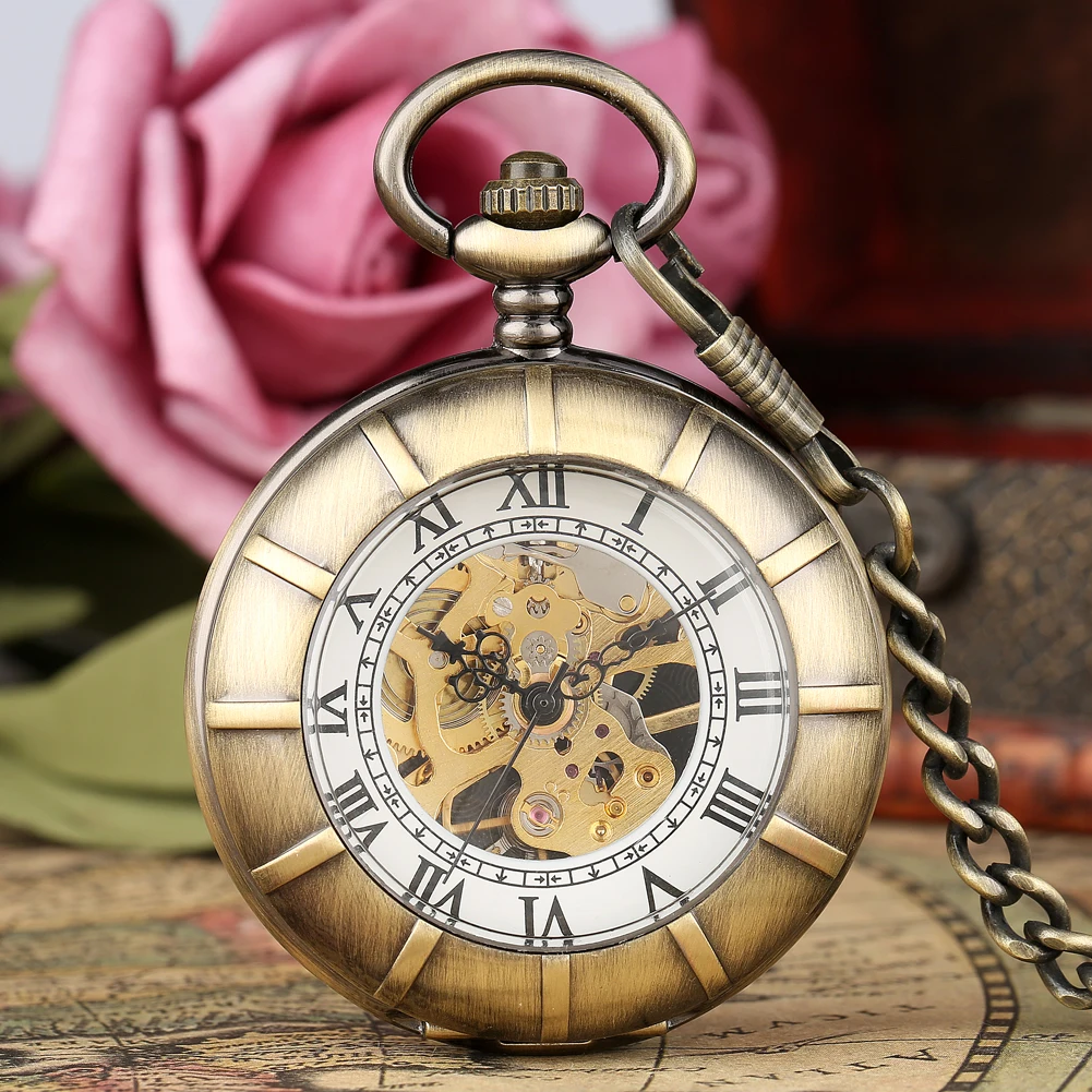 Transparent Glass Bronze Manual Mechanical Pocket Watch Vintage Pocket Chain Hand Winding Mechanism Timepiece Double Cover