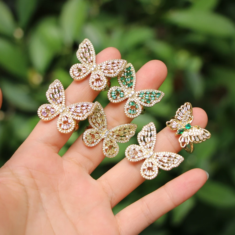 

5PCS, New Trendy Gold Color CZ Zircon Butterfly Open Rings For Women Copper Zircon Adjustable Rings Engagement Wedding Jewelry