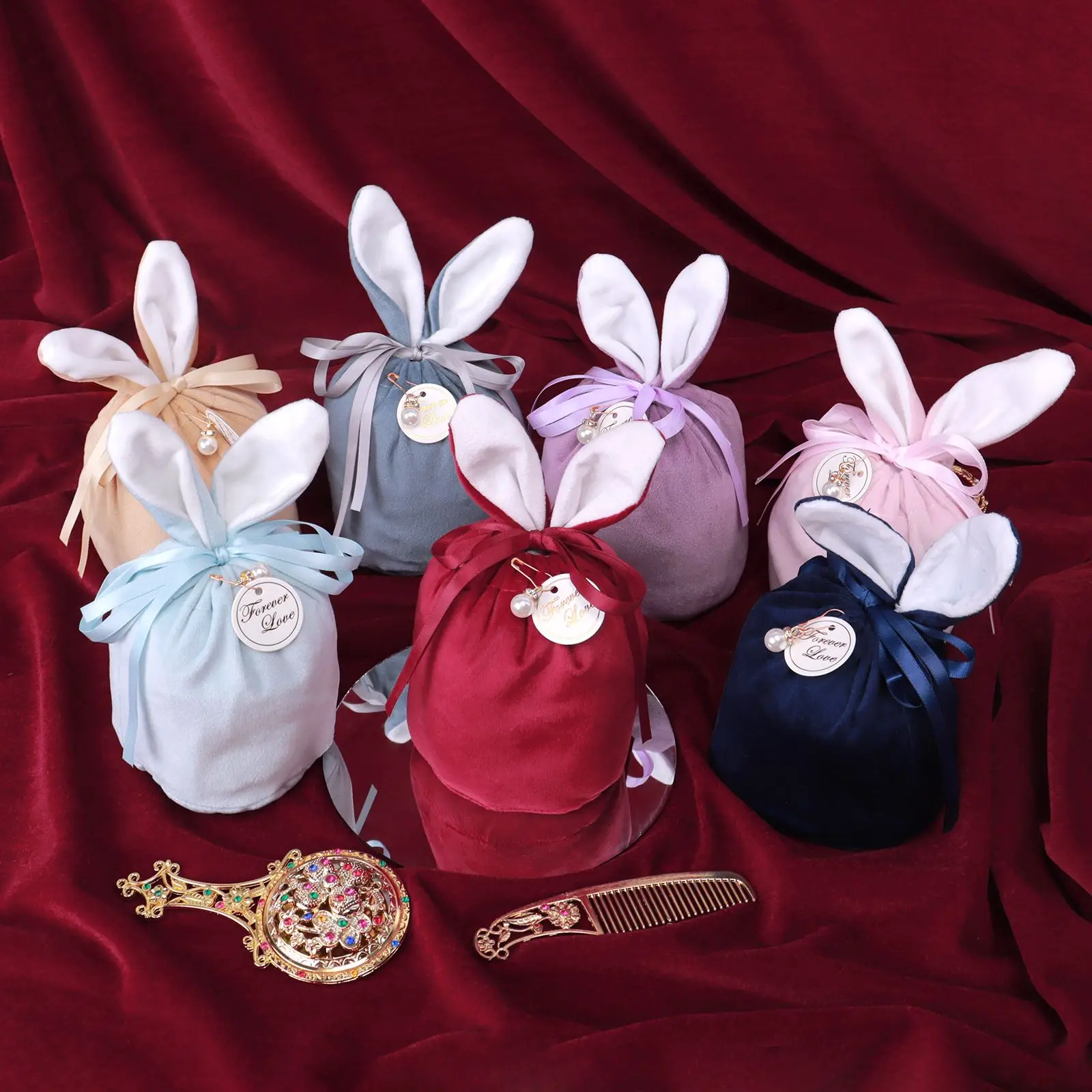 

10Pcs/lot Easter Bunny Rabbit Bags Ears Velvet Bag Gift Box Sugar Box Wedding Candy Box Creative Cute Easter Decor
