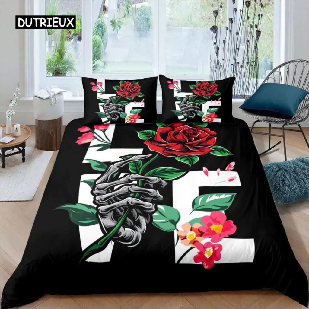 

Gothic Sugar Skull Bone Bedding Set Skeleton Hand Comforter Cover Rose Leaves Romantic Flowers Duvet Cover Polyester Quilt Cover