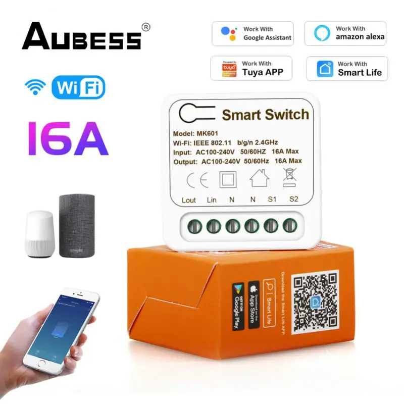 

Aubess MINI Smart WiFi Light Switch 2-way Breaker Home Automation DIY Timing Relay Module For Tuya App Yandex Alexa Google Home