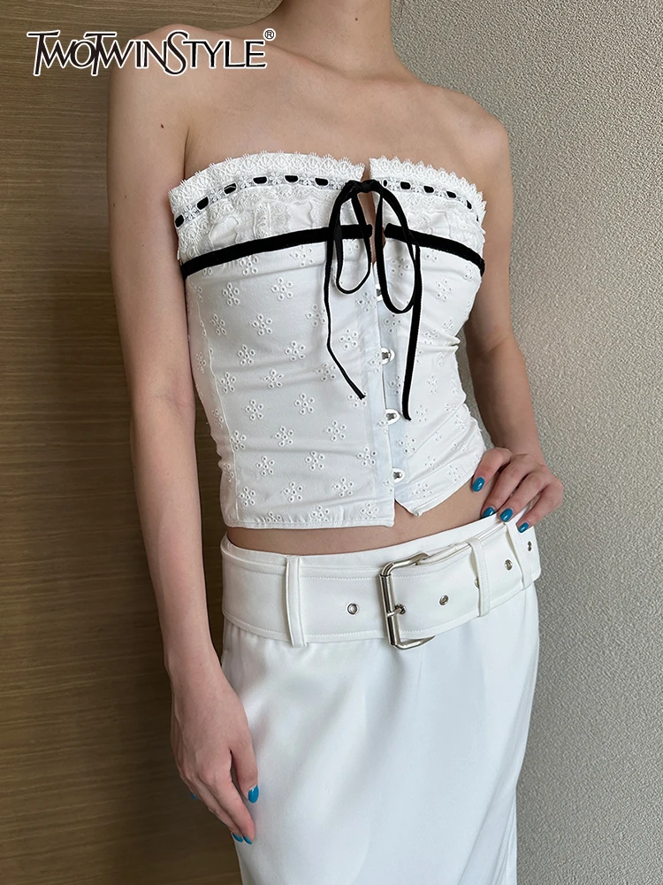 

TWOTWINSTYLE Patchwork Lace Up Tank Top For Women Strapless Sleeveless Tunic Slimming Hit Color Vest Female Fashion Clothing New