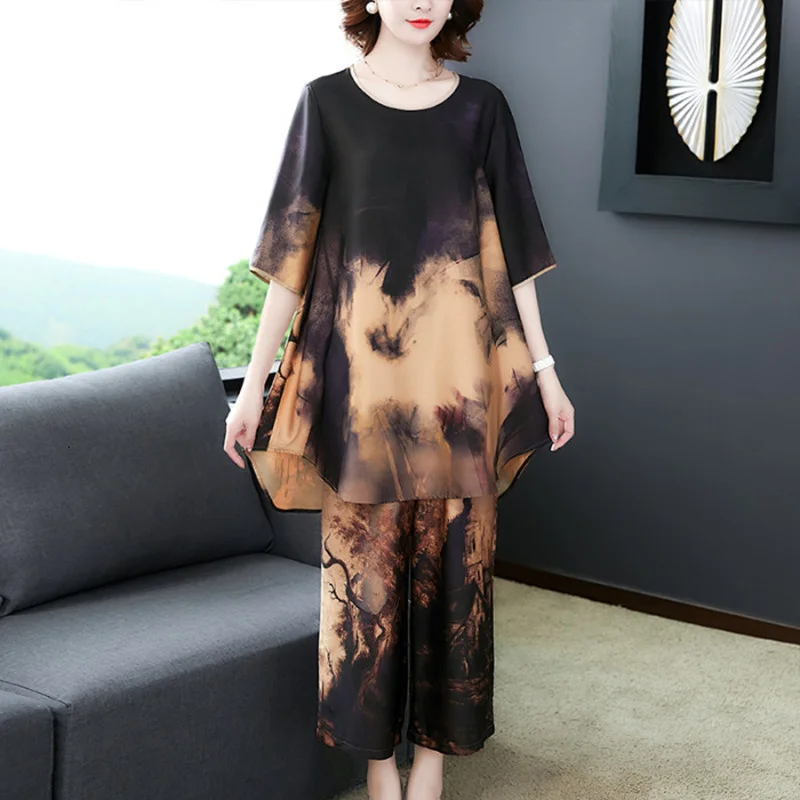 

Новинка 2021, модный костюм для женщин, летняя новая блузка с принтом + брюки с широкими штанинами, винтажный комплект из двух предметов, женск...