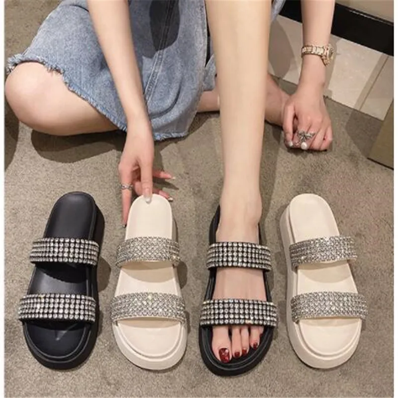 

2023 Flat Platform Luxury Crystals Slides Women Open Toe Diamonds 5cm Double Sole Flip Flops Mules Design Slippers Shoes