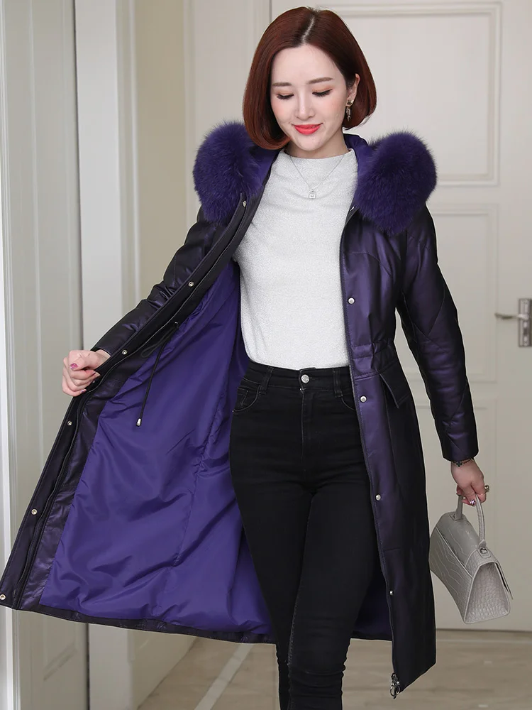 

2023Leather jacket,Real Sheepskin Leather Jackets Women 90% White Duck Down Women's Coats Fox Fur Collar Hooded Coat Female Cuer