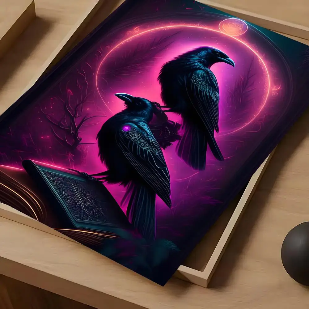 Фото Постер с черным вороном и волшебной совой, самоклеящаяся художественная водонепроницаемая бумажная наклейка, декор для стен кофейни, бара, комнаты №4