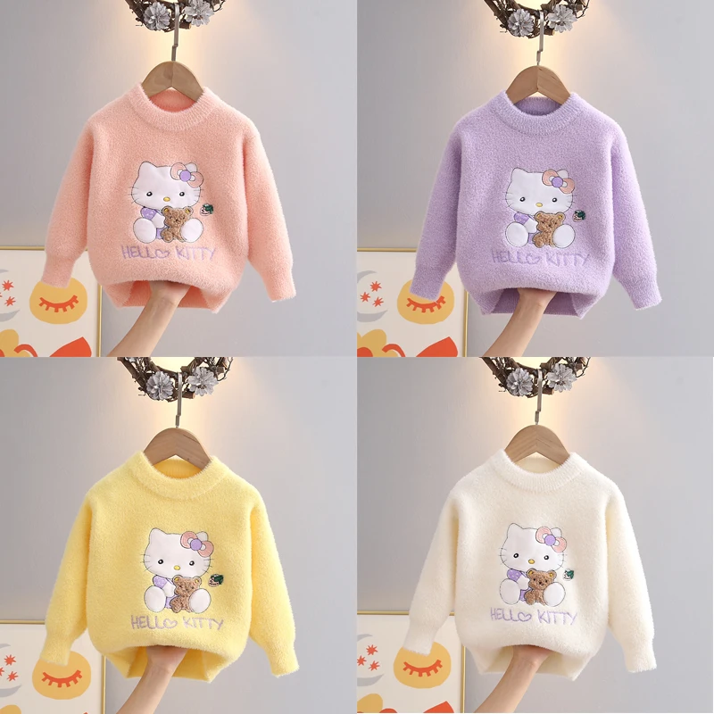 

Autumn Winter Figure Hello Kittys Child Thicken Knitting Shirt Sanrioed Kawaii Girl Cartoon Sweater Pullover Mink Velvet Soft