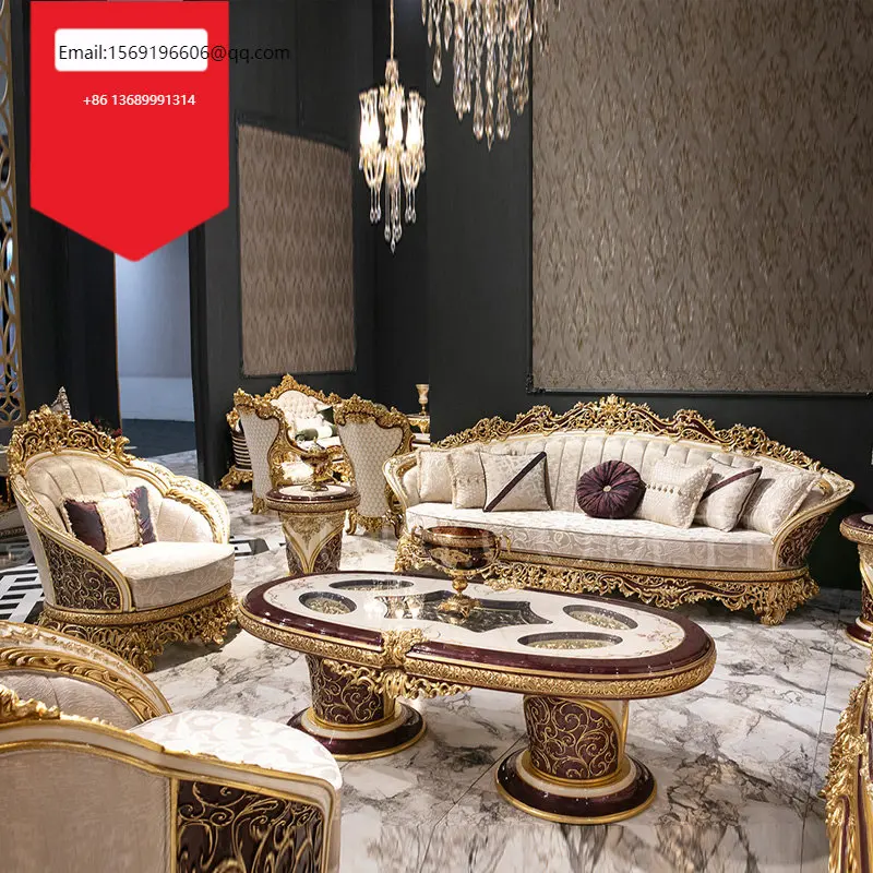

Custom French solid wood villa hand carved gold foil European palace luxury Princess cloth sofa