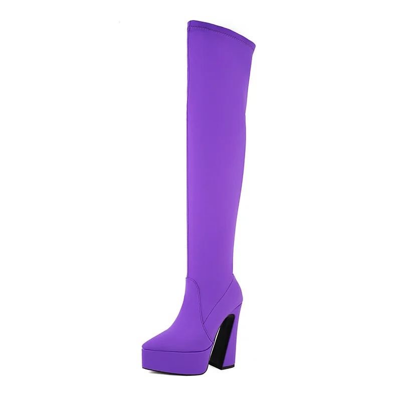 2022 Women Over the Knee Boots Platform Square High Heel Ladies Thigh Boots Fashion Pointed Toe Away Dress Boots Foe Female