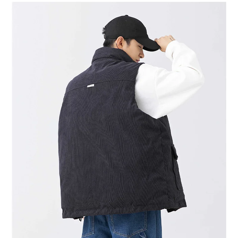 Streetwear Men New Style Corduroy Vest Recreational Comfortable Apricot Color Stand Collar Down Jackets Autumn and Winter Female