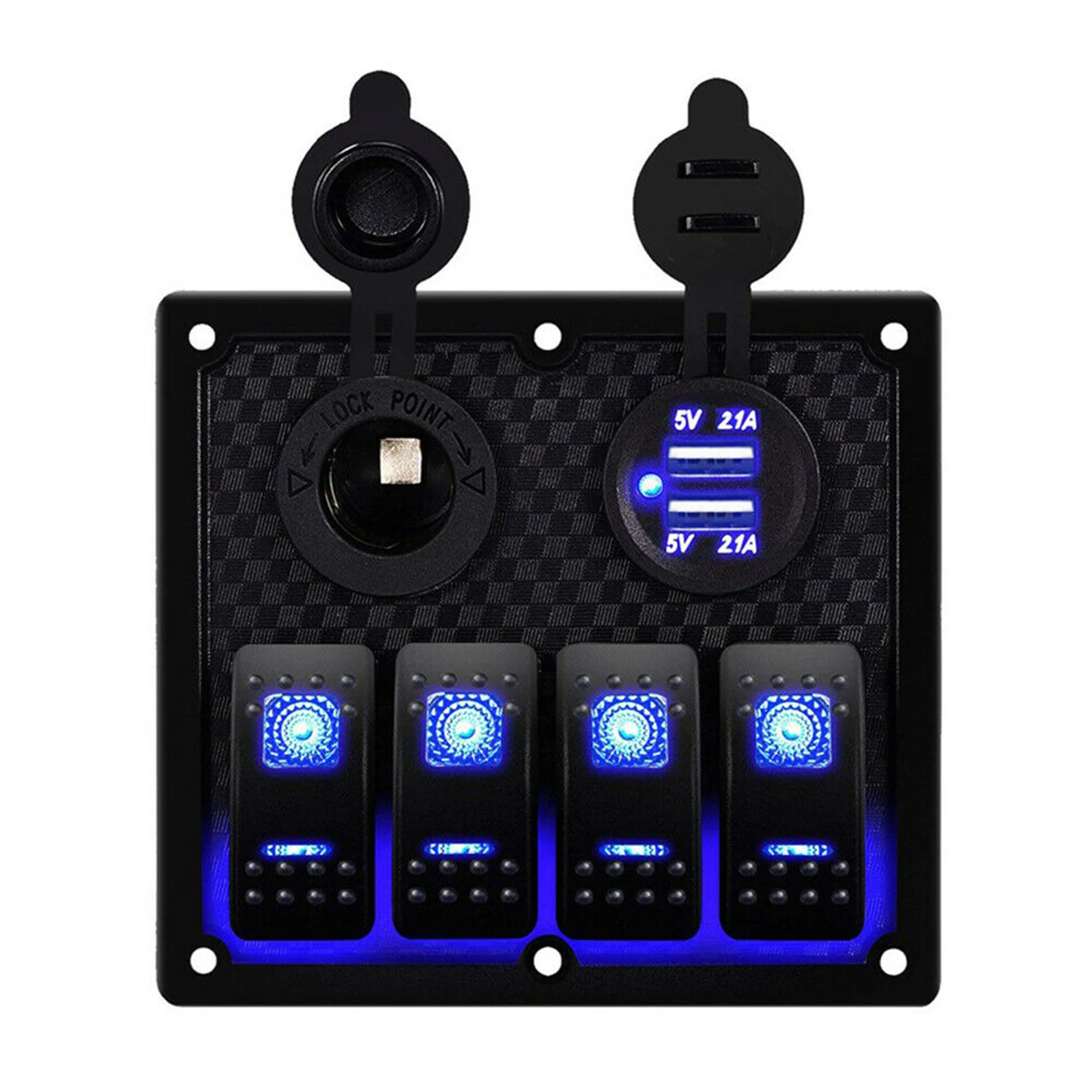 

4 Gang Blue LED Button Rocker Switch Panel Control Dual USB Port Charger Circuit Breaker ON-OFF Toggle Cars Trucks Marine Boats