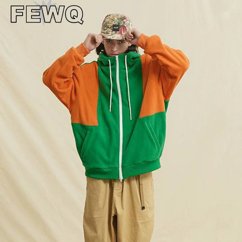 

Мужская флисовая толстовка на молнии FEWQ, Повседневная Толстовка с капюшоном, цветное пальто с прострочкой, весна 2023