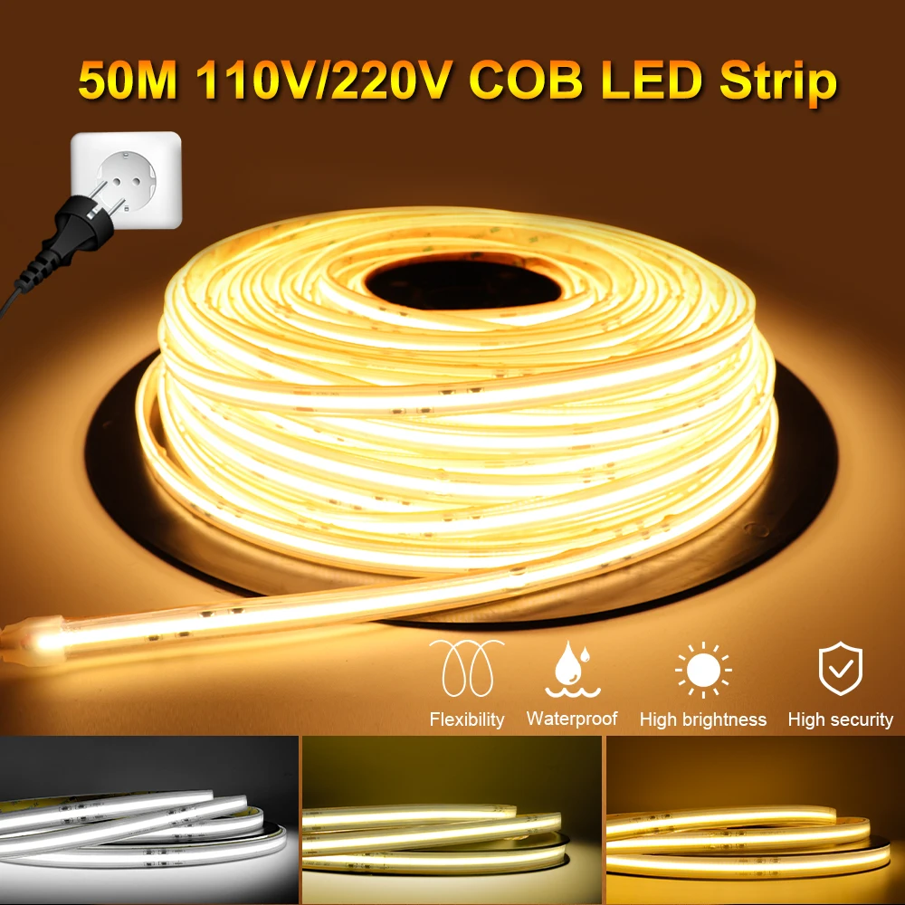 Super Bright Real 220V 110V COB LED Tape AC Power IP67 Waterproof FCOB LED Strip Light Bar 20m 10m 5m for Outdoor Garden Park