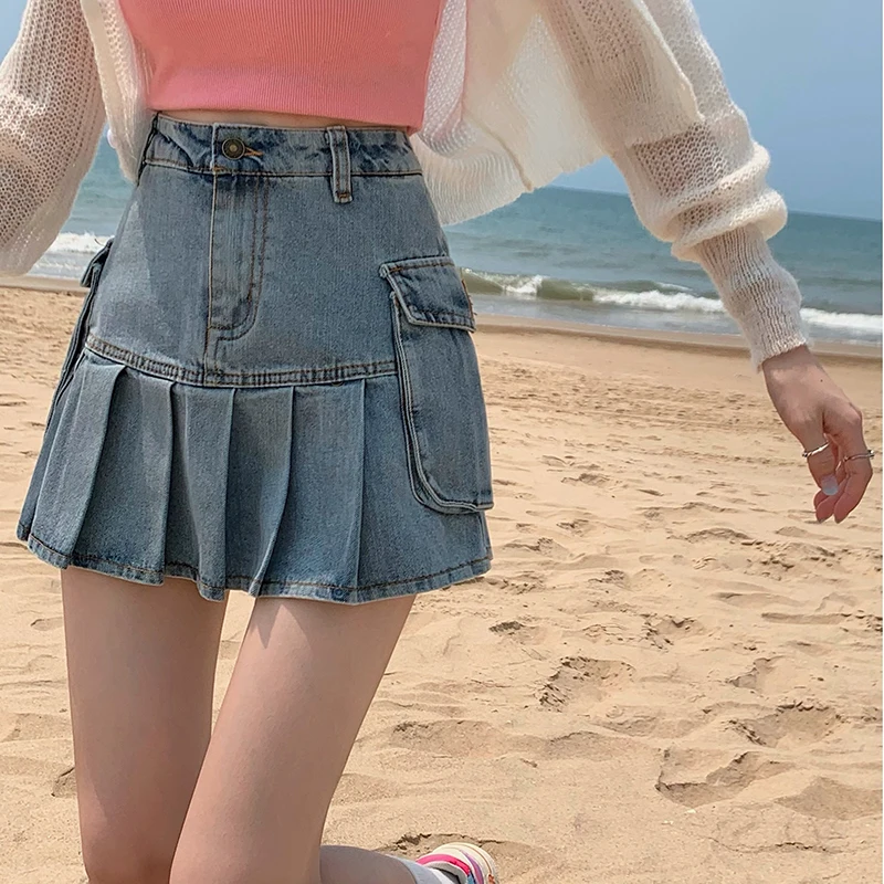 

Female Slim Sexy Anti-walking Light A-word Short Denim Skirts New High Waist Women's Summer 2021 Pleated Skirt with Pockets Blue
