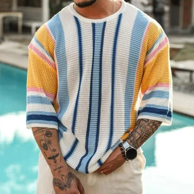

2023 Streetwear Beach Tees For Man Fashion Colored Striped Men's t Shirts Casual 3/4 Sleeve O Neck Fitted Knitted Pullover Top