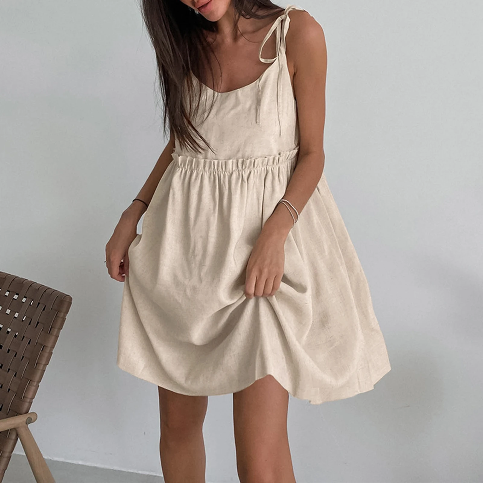 

Women Trendy Mini Dress Sleeveless Loose Cotton Linen Suspended Dress Solid Color Fashion Simple Lace Up Vacation Beach