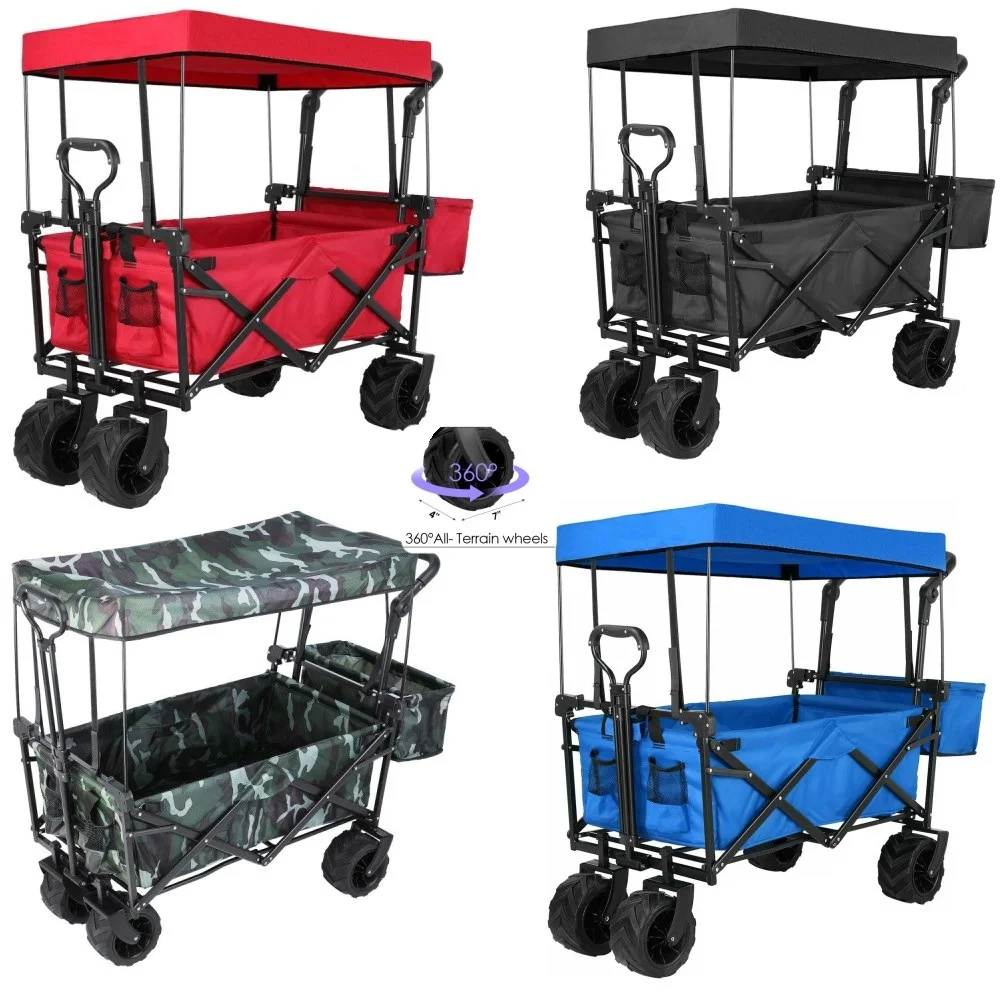 Folding Wagon Cart Heavy Duty Camp Shop Garden Cart with Removable Canopy Collapsible Outdoor Utility w/ All-Terrain Wheels